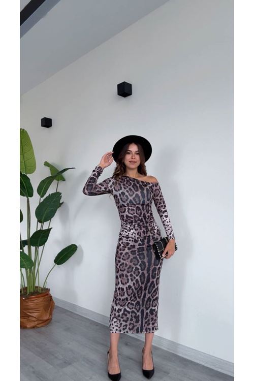 Tek Omuz Leopar Desenli Midi Elbise