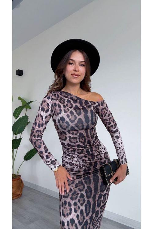 Tek Omuz Leopar Desenli Midi Elbise