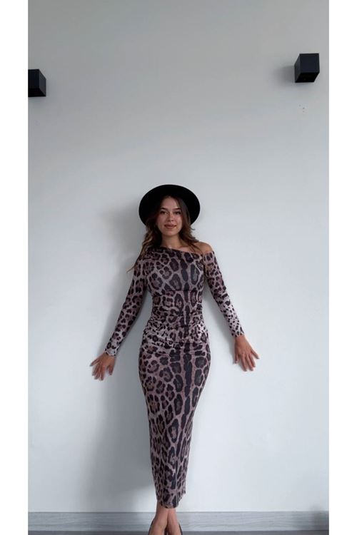Tek Omuz Leopar Desenli Midi Elbise