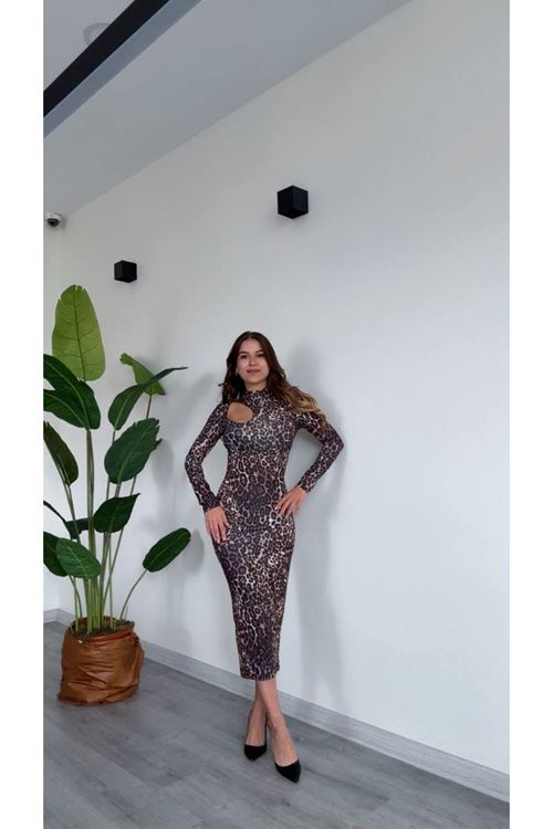 Kadın Leopar Desenli Uzun Kollu Cut-Out Elbise