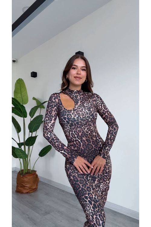 Kadın Leopar Desenli Uzun Kollu Cut-Out Elbise