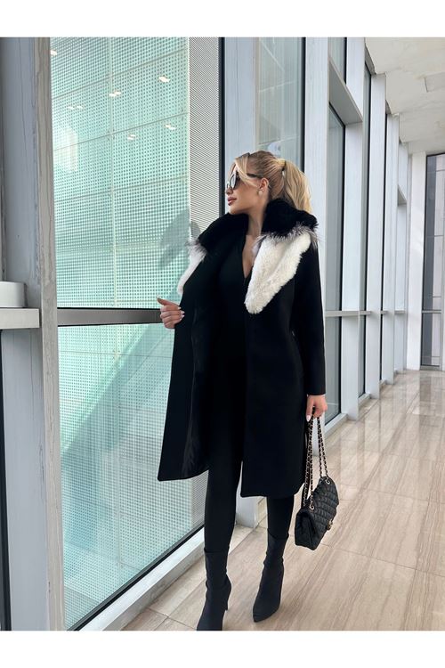 Klasik Siyah Kaşe Kaban – Lüks Kürk Detaylı Zarif Şıklık