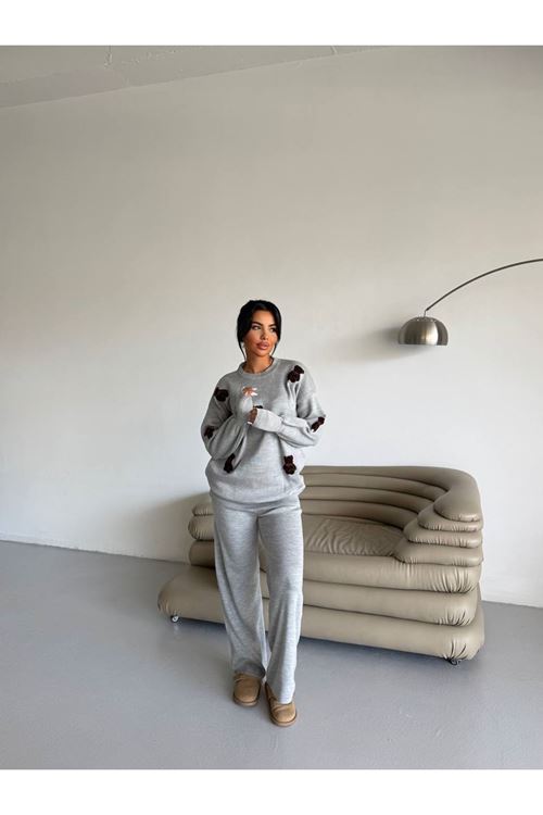 Ayıcık Nakışlı Pamuk Triko Takım