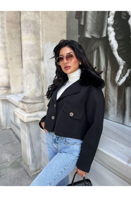 Çıkabilir Kürk Yakalı Kaşe Ceket