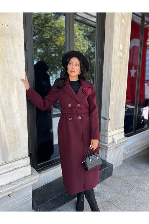 Çiçek Detaylı Kuşak Kapama Kaşe Kaban