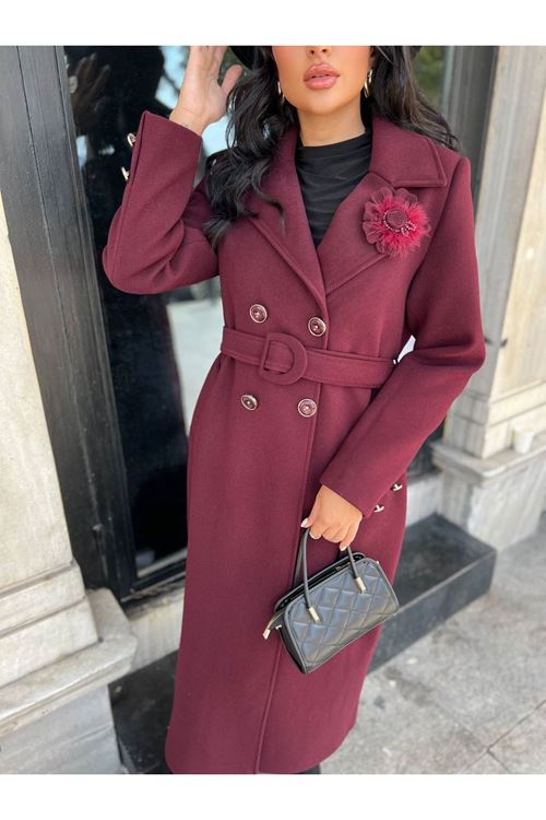 Çiçek Detaylı Kuşak Kapama Kaşe Kaban