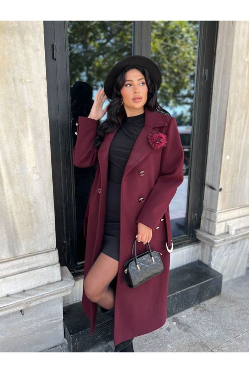 Çiçek Detaylı Kuşak Kapama Kaşe Kaban