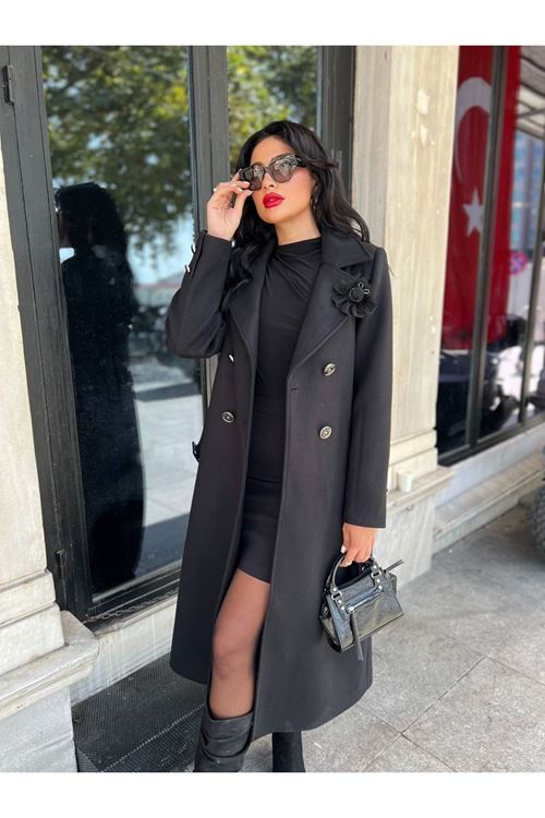 Çiçek Detaylı Kuşak Kapama Kaşe Kaban