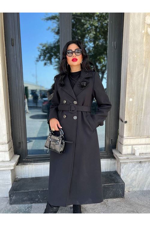 Çiçek Detaylı Kuşak Kapama Kaşe Kaban