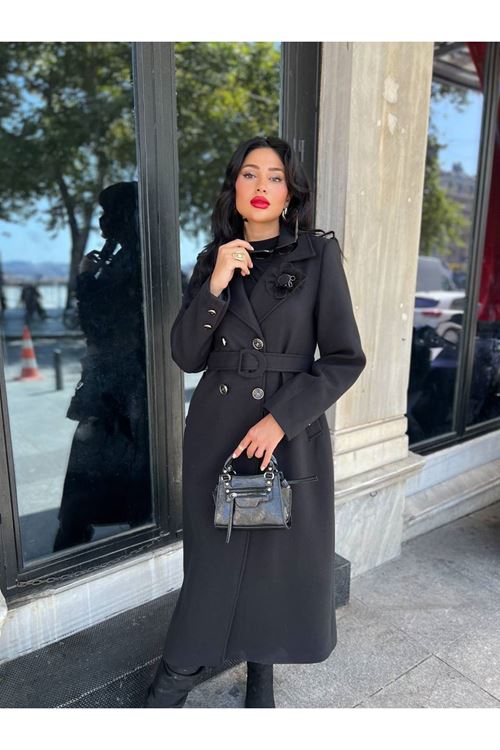 Çiçek Detaylı Kuşak Kapama Kaşe Kaban