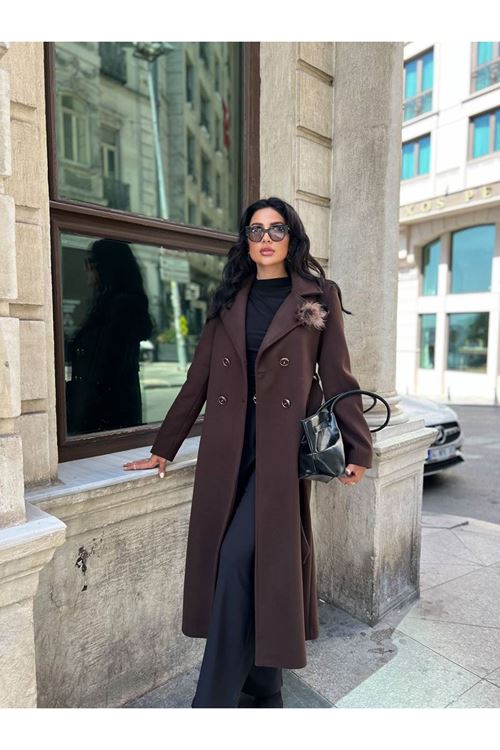 Çiçek Detaylı Kuşak Kapama Kaşe Kaban