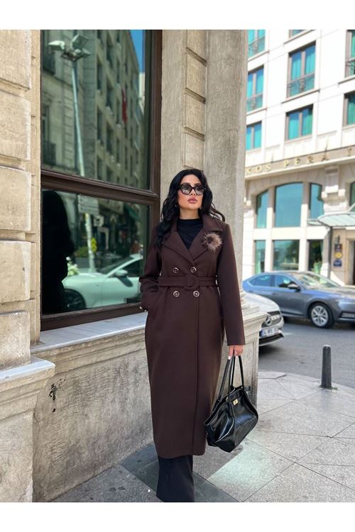 Çiçek Detaylı Kuşak Kapama Kaşe Kaban