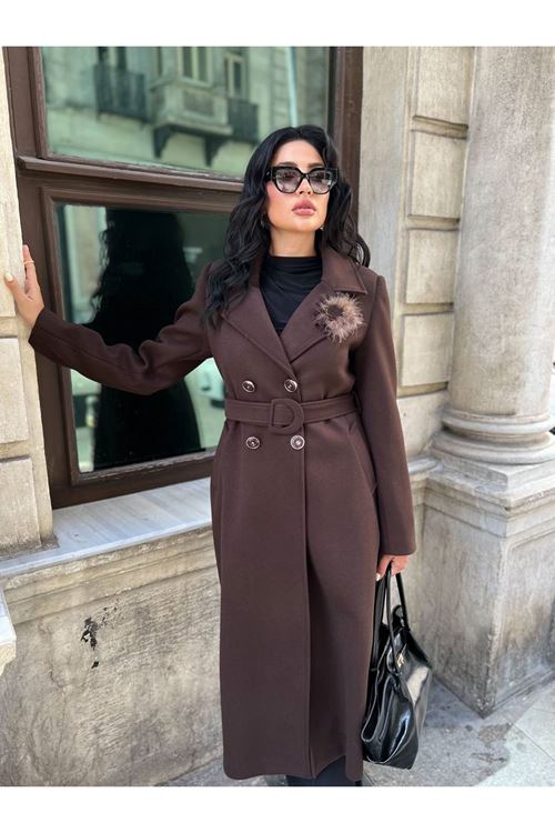 Çiçek Detaylı Kuşak Kapama Kaşe Kaban