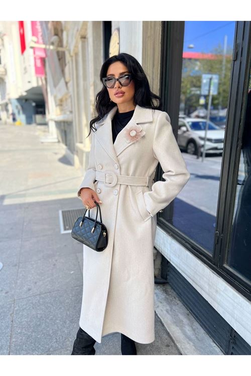 Çiçek Detaylı Kuşak Kapama Kaşe Kaban