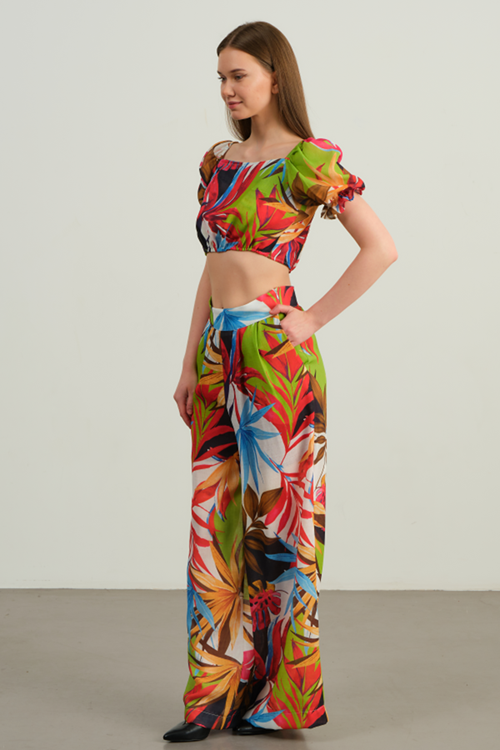 YAPRAK DESENLİ VOLANLI YEŞİL BEYAZ 2'Lİ TAKIM