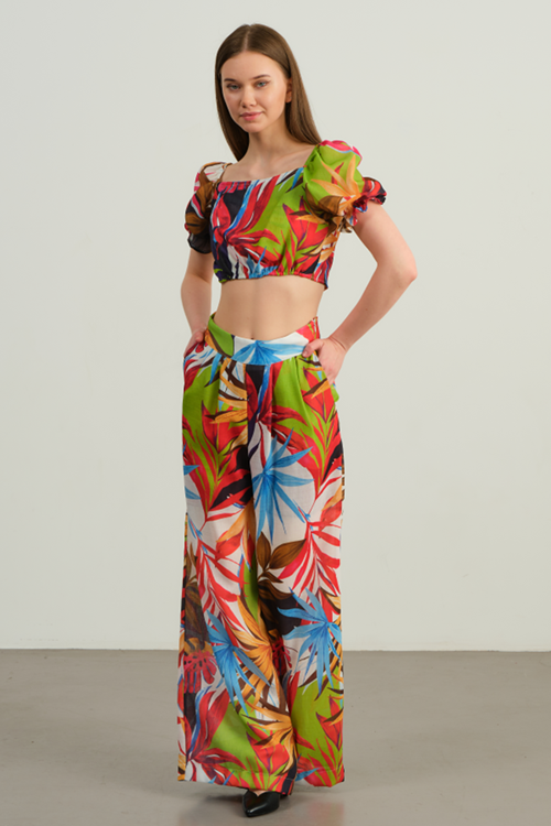 YAPRAK DESENLİ VOLANLI YEŞİL BEYAZ 2'Lİ TAKIM