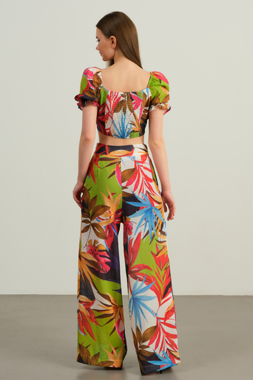 YAPRAK DESENLİ VOLANLI YEŞİL BEYAZ 2'Lİ TAKIM