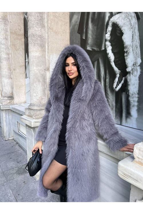 Lüks Kapüşonlu Suni Kürk Kaban