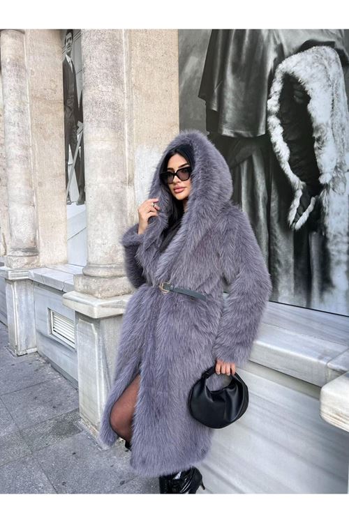 Lüks Kapüşonlu Suni Kürk Kaban