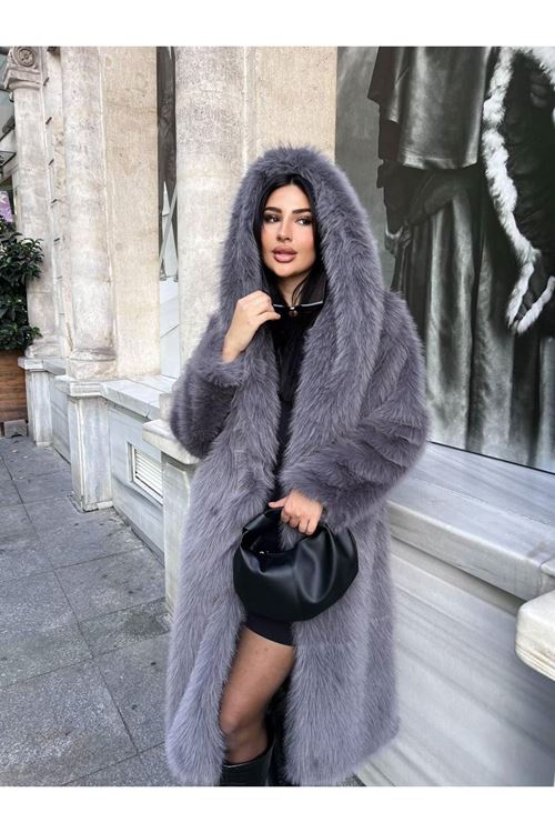 Lüks Kapüşonlu Suni Kürk Kaban