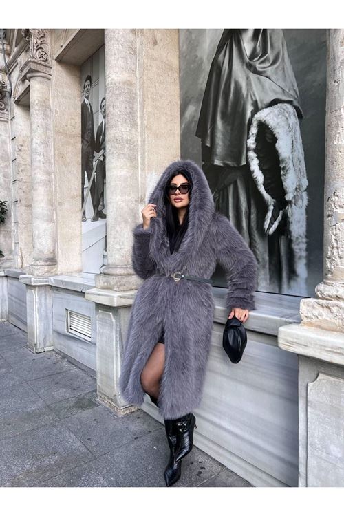 Lüks Kapüşonlu Suni Kürk Kaban