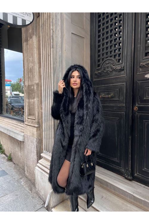 Lüks Kapüşonlu Suni Kürk Kaban