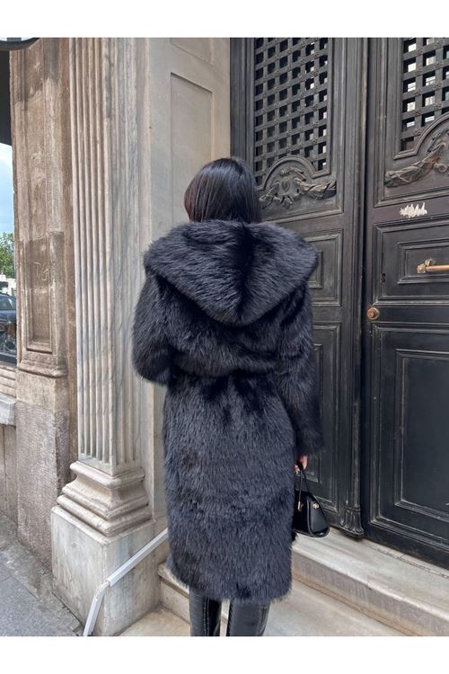 Lüks Kapüşonlu Suni Kürk Kaban