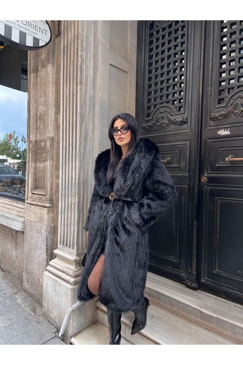 Lüks Kapüşonlu Suni Kürk Kaban