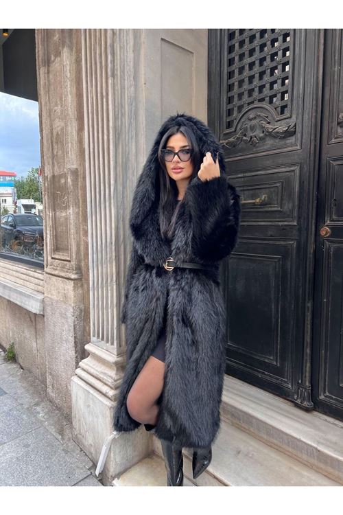 Lüks Kapüşonlu Suni Kürk Kaban