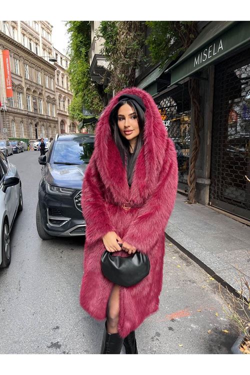 Lüks Kapüşonlu Suni Kürk Kaban