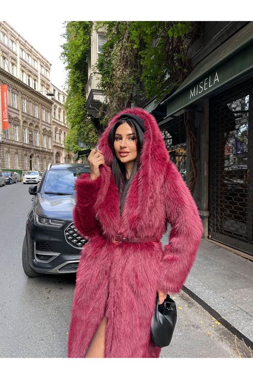 Lüks Kapüşonlu Suni Kürk Kaban