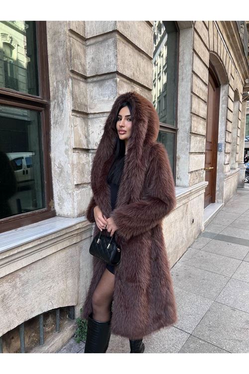 Lüks Kapüşonlu Suni Kürk Kaban