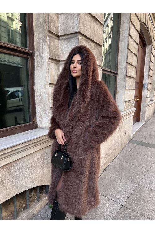 Lüks Kapüşonlu Suni Kürk Kaban