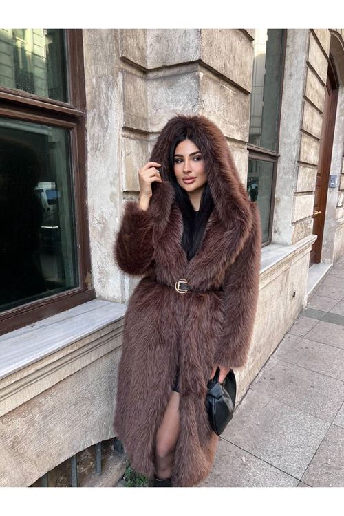 Lüks Kapüşonlu Suni Kürk Kaban