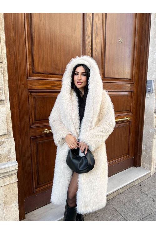 Lüks Kapüşonlu Suni Kürk Kaban