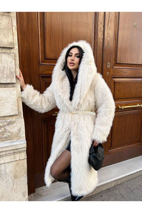 Lüks Kapüşonlu Suni Kürk Kaban