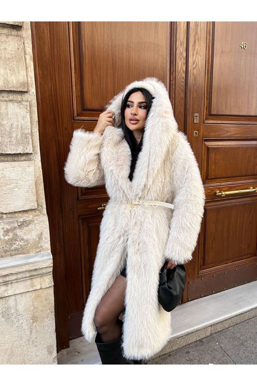 Lüks Kapüşonlu Suni Kürk Kaban