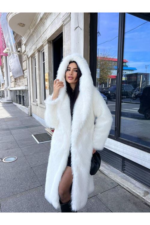 Lüks Kapüşonlu Suni Kürk Kaban