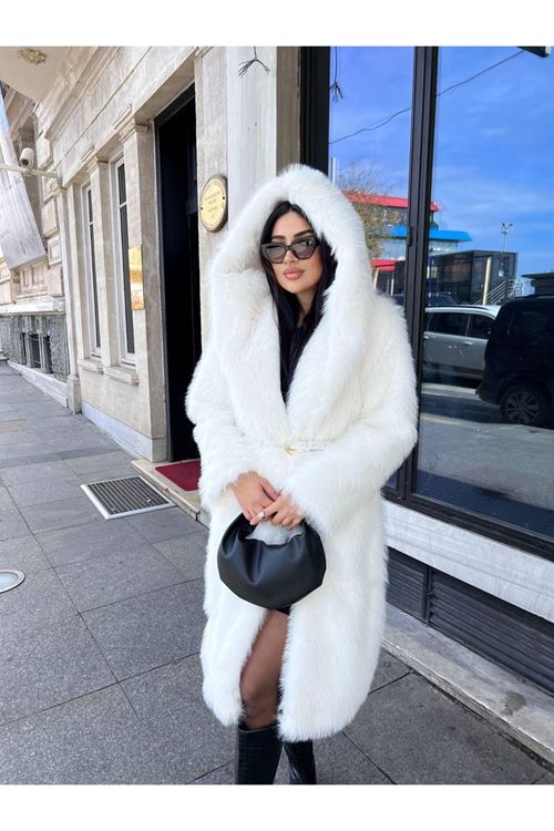 Lüks Kapüşonlu Suni Kürk Kaban