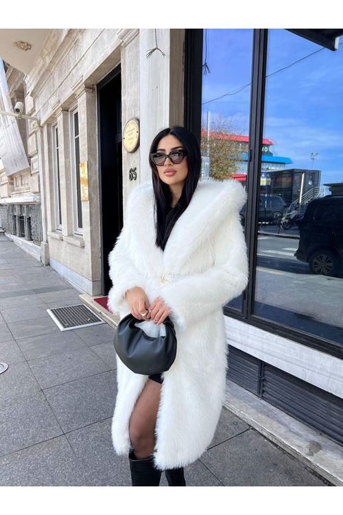 Lüks Kapüşonlu Suni Kürk Kaban