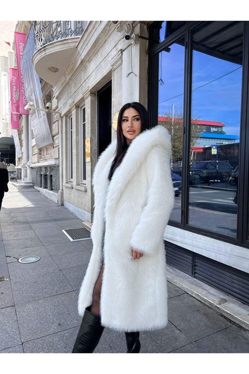 Lüks Kapüşonlu Suni Kürk Kaban
