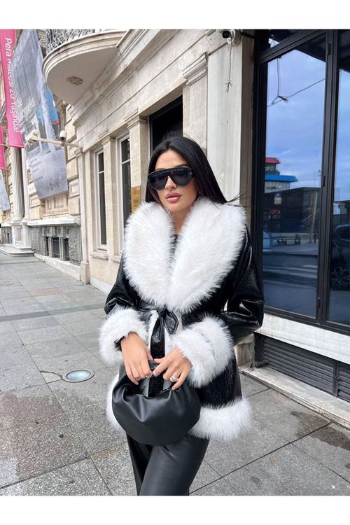 Lüks Deri Görünümlü Kürk Detaylı Kaban