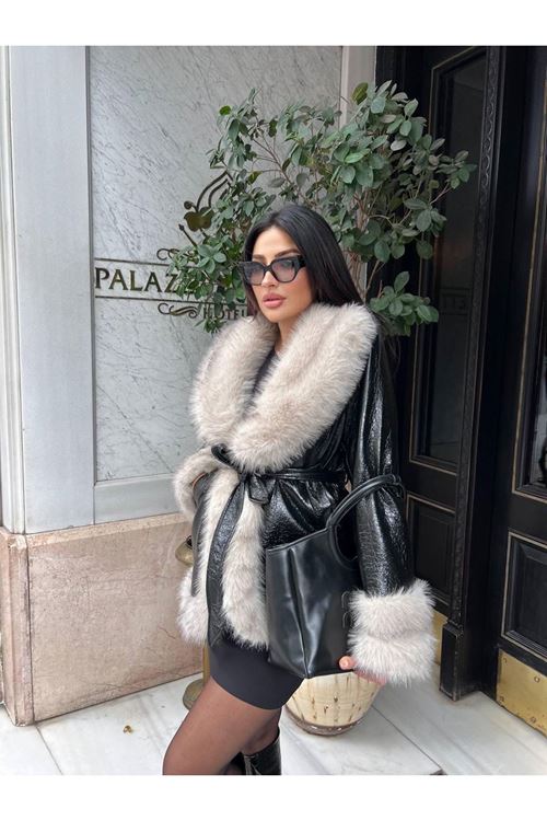 Lüks Deri Görünümlü Kürk Detaylı Kaban