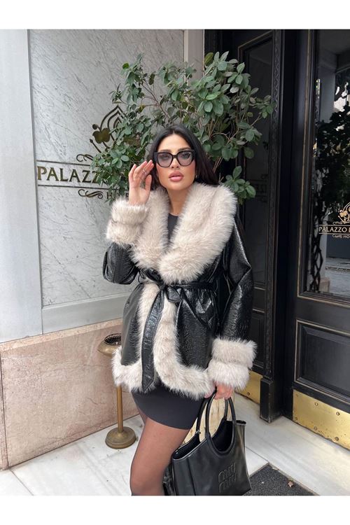 Lüks Deri Görünümlü Kürk Detaylı Kaban