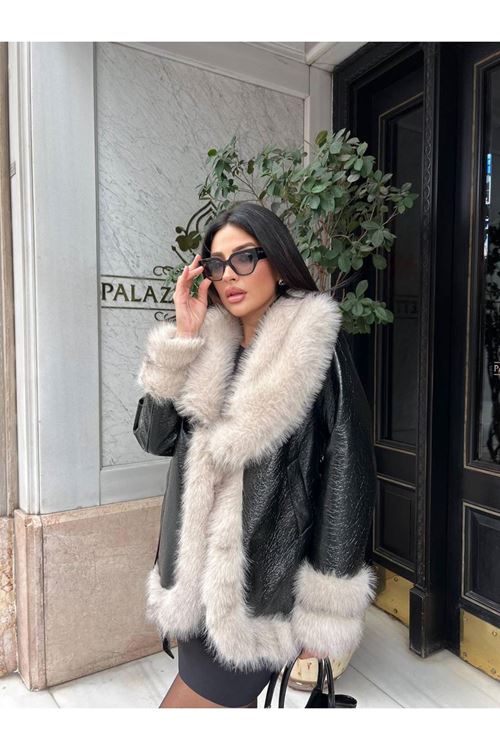 Lüks Deri Görünümlü Kürk Detaylı Kaban