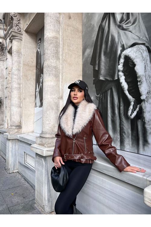Çıkarılabilir Kürk Yakalı Deri Mont