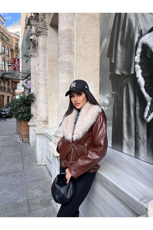 Çıkarılabilir Kürk Yakalı Deri Mont
