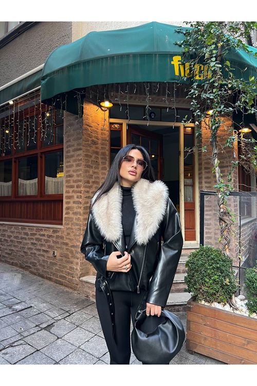 Çıkarılabilir Kürk Yakalı Deri Mont