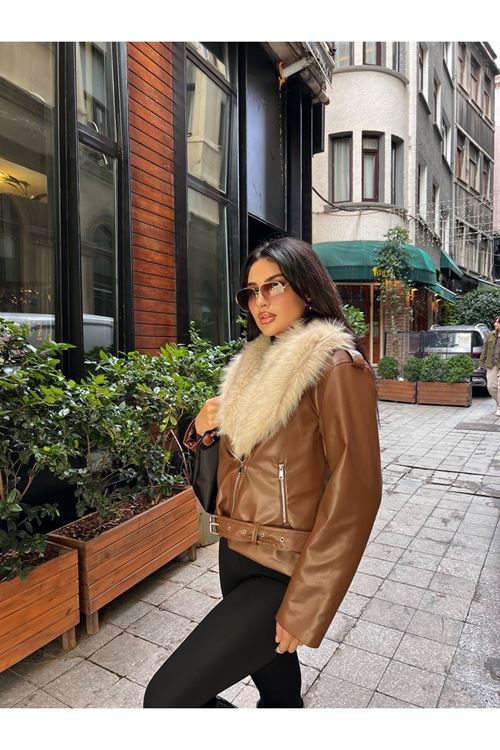 Çıkarılabilir Kürk Yakalı Deri Mont