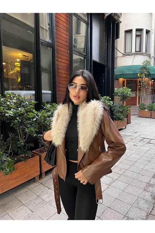 Çıkarılabilir Kürk Yakalı Deri Mont